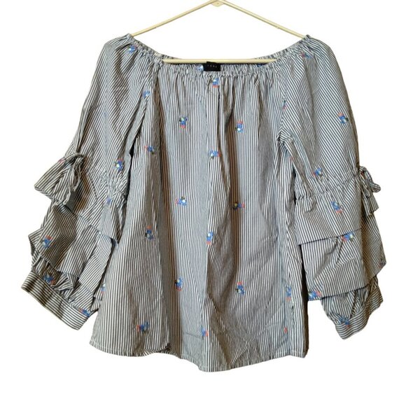 Sanctuary Tops - Sanctuary Women's Small Striped Embroidered Floral Tiered 3/4 Sleeve Blouse